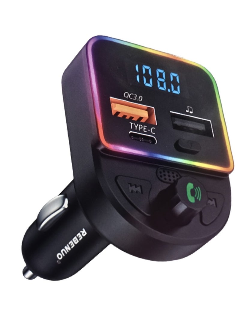 ريبنيو شاحن هاتف للسيارة RCP77 متعدد المهام مزود بمشغل FM للسيارة QC3.0: يمتلئ بنسبة 80% في 30 دقيقة مع ازار لسهولة التحم ورد على المكالمات - Image 2