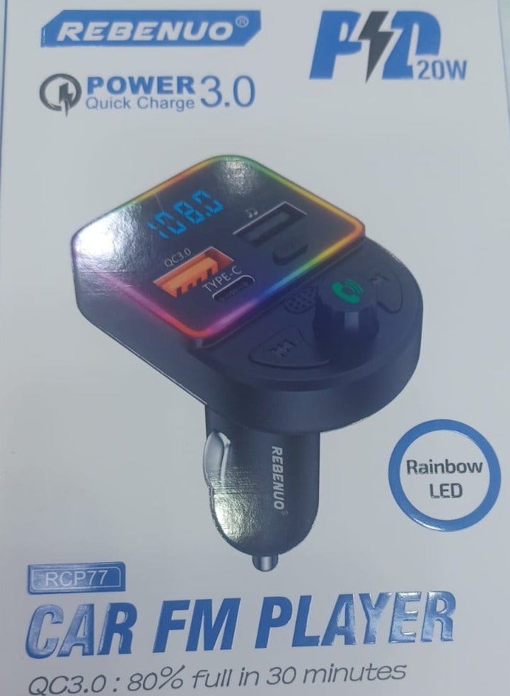 ريبنيو شاحن هاتف للسيارة RCP77 متعدد المهام مزود بمشغل FM للسيارة QC3.0: يمتلئ بنسبة 80% في 30 دقيقة مع ازار لسهولة التحم ورد على المكالمات - Image 4