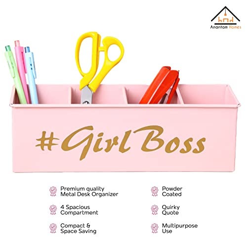 anantam homes 4 Compartment Girl Boss Desk Organizer Pen Pencil Caddy Storage Box For Office, School, Home, Table Organizer & Art Supplies Accessories With Four Slots, Metal (Light Pink) - Image 4