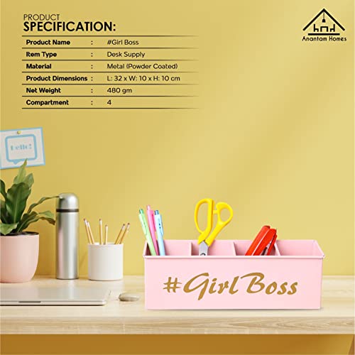 anantam homes 4 Compartment Girl Boss Desk Organizer Pen Pencil Caddy Storage Box For Office, School, Home, Table Organizer & Art Supplies Accessories With Four Slots, Metal (Light Pink) - Image 3