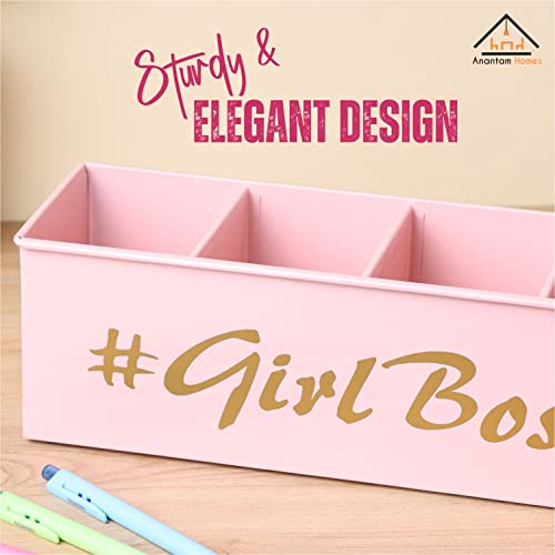 anantam homes 4 Compartment Girl Boss Desk Organizer Pen Pencil Caddy Storage Box For Office, School, Home, Table Organizer & Art Supplies Accessories With Four Slots, Metal (Light Pink) - Image 2