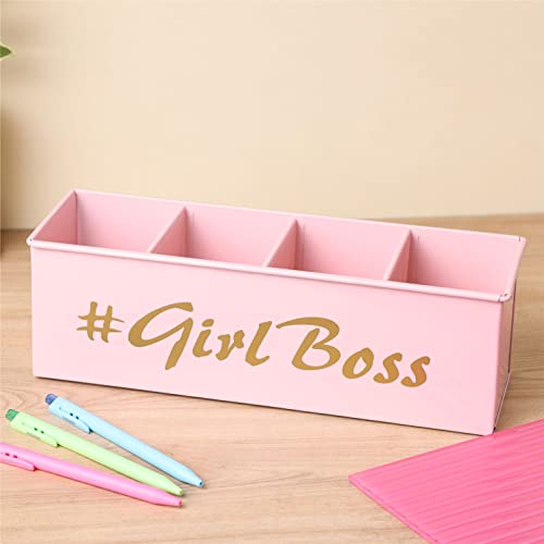 anantam homes 4 Compartment Girl Boss Desk Organizer Pen Pencil Caddy Storage Box For Office, School, Home, Table Organizer & Art Supplies Accessories With Four Slots, Metal (Light Pink) - Image 1