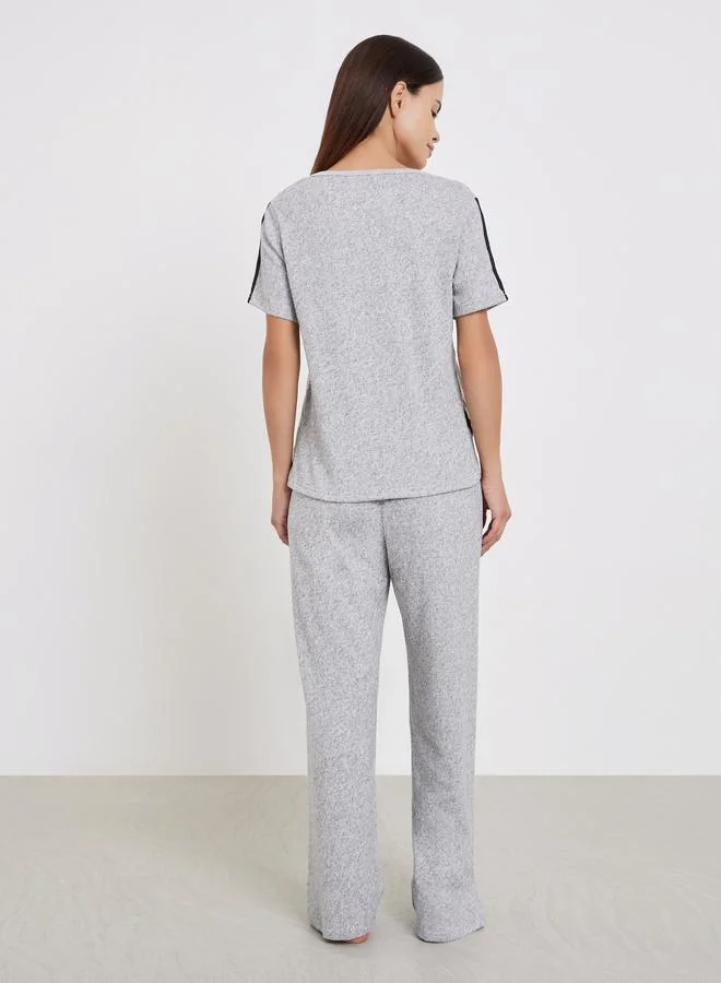 Styli  Solid Striped T-Shirt and Long Pyjama Set for Women | Best Price UAE