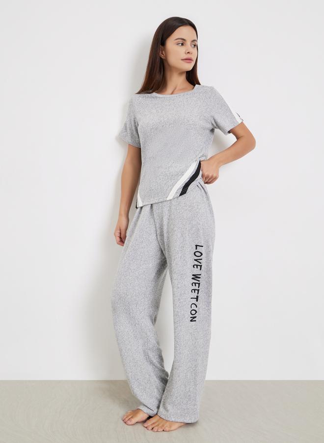 Styli Solid Striped T-Shirt and Long Pyjama Set - Image 2