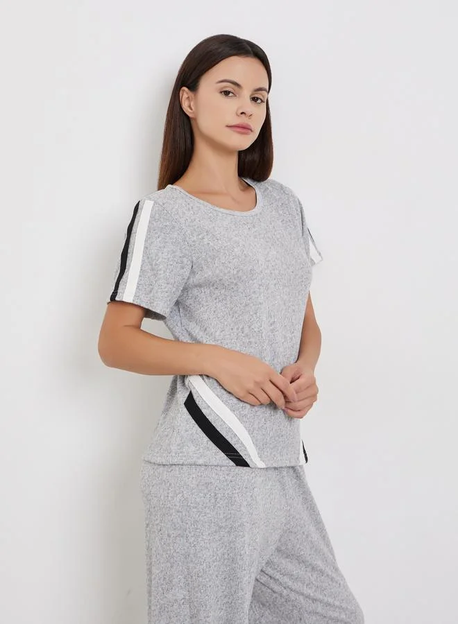 Styli  Solid Striped T-Shirt and Long Pyjama Set for Women | Best Price UAE