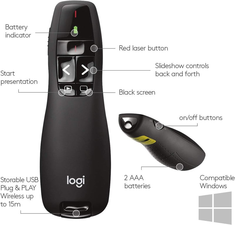 Logitech R400 Wireless Presentation Remote, 2.4 Ghz, Usb-Receiver, Red Laser Pointer, 15-Meter Operating Range, 6 Buttons, Intuitive Slideshow Control, Battery Indicator, Pc - Black - Image 5