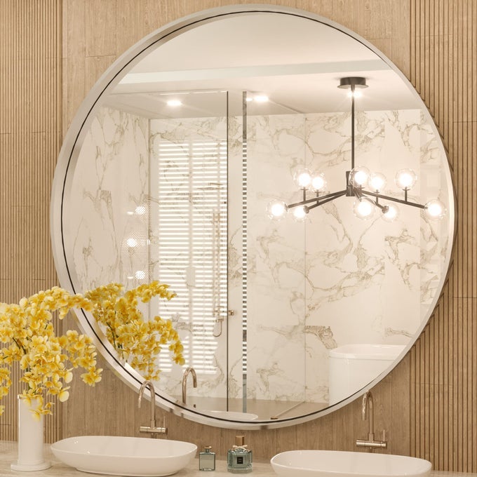 ROUND MIRROR 36 INCH BRUSHED SILVER ROUND BATHROOM MIRROR FOR WALL NONRUSTING ALUMINUM ALLOY BRUSHED SILVER MATTE METAL FRAME MODERN CIRCLE MIRROR FIT IN MINIMALIST MULTI STYLE FOR DECOR