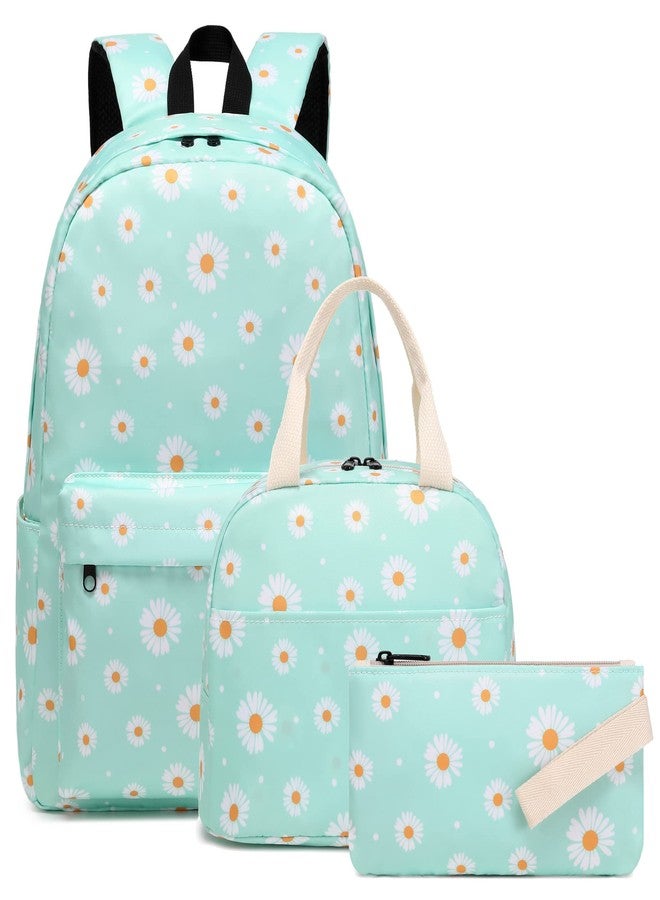 Kouxunt Daisy Girls School Backpacks for Kids Teens, 3-in-1 School Bag Bookbags Set with Lunch Bag Pencil Case (Green) - Image 1