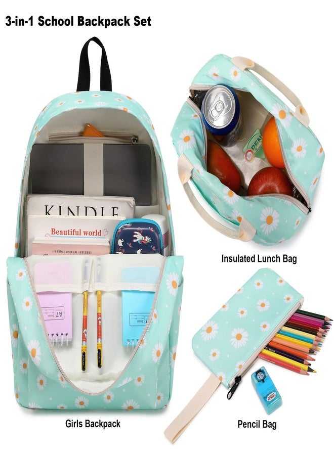 Kouxunt Daisy Girls School Backpacks for Kids Teens, 3-in-1 School Bag Bookbags Set with Lunch Bag Pencil Case (Green) - Image 3
