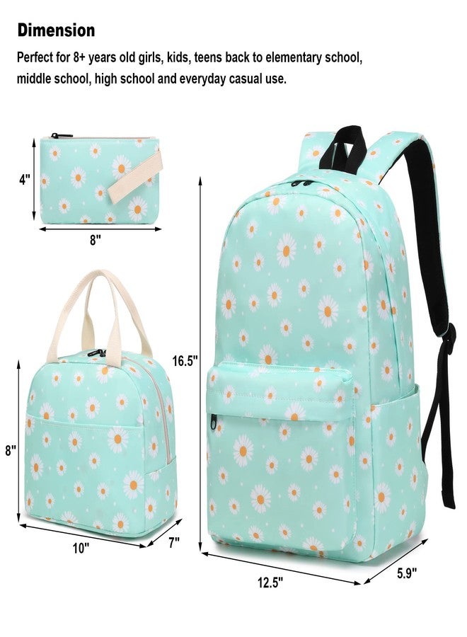 Kouxunt Daisy Girls School Backpacks for Kids Teens, 3-in-1 School Bag Bookbags Set with Lunch Bag Pencil Case (Green) - Image 2