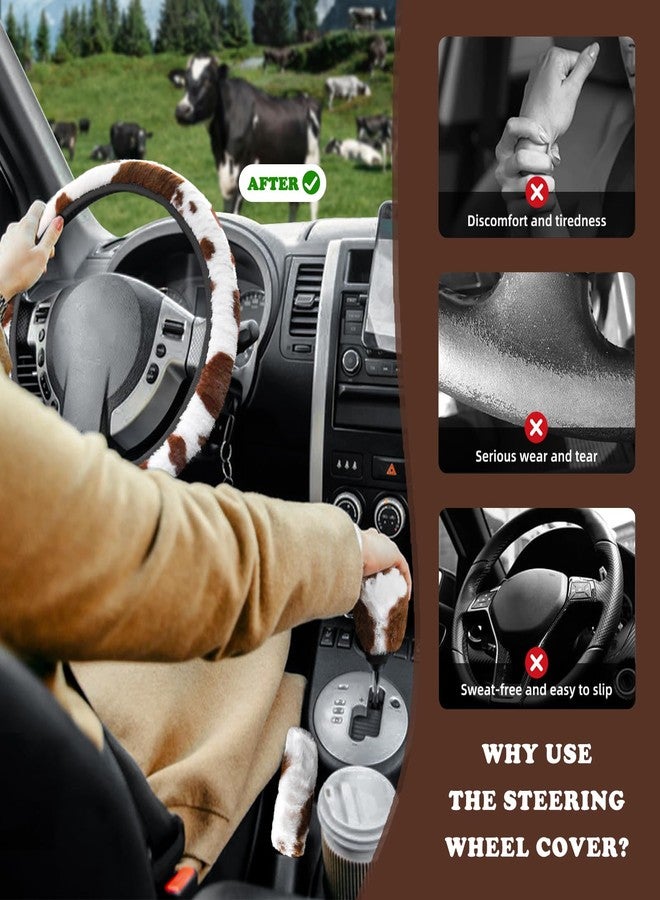 BubabyZZ 3PCS Cow Print Steering Wheel Cover Fluffy, Auto Cute Furry Cows Pattern Hand Brake & Shift Gear Covers Universal Soft Warm Car Interior Accessories for Women Men(Brown) - Image 3