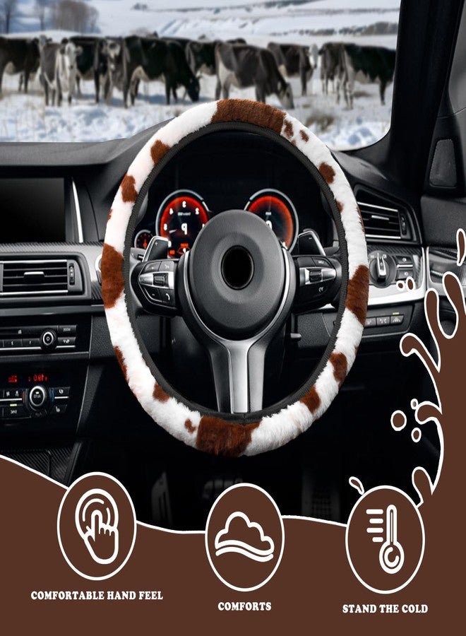 BubabyZZ 3PCS Cow Print Steering Wheel Cover Fluffy, Auto Cute Furry Cows Pattern Hand Brake & Shift Gear Covers Universal Soft Warm Car Interior Accessories for Women Men(Brown) - Image 4