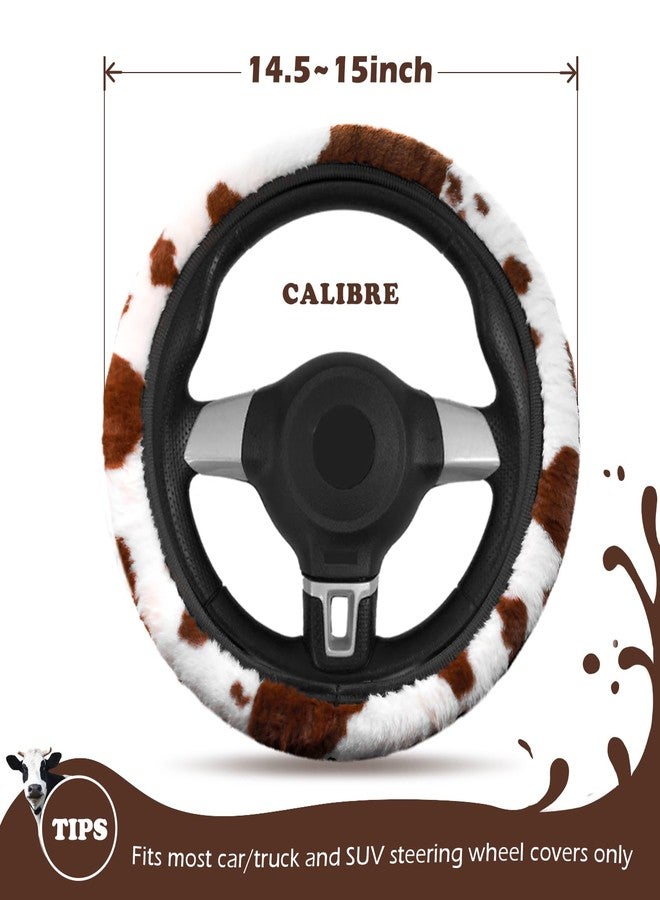 BubabyZZ 3PCS Cow Print Steering Wheel Cover Fluffy, Auto Cute Furry Cows Pattern Hand Brake & Shift Gear Covers Universal Soft Warm Car Interior Accessories for Women Men(Brown) - Image 2