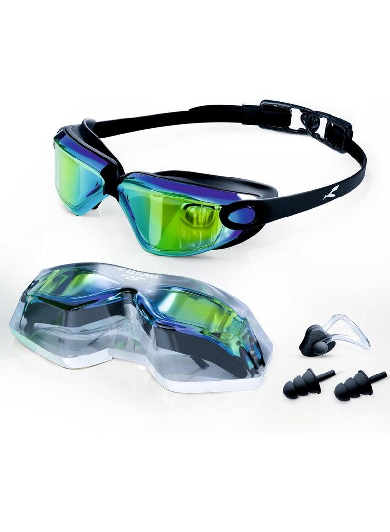 KONEX Anti-Fog Premium Swimming Goggles for Men & Women with UV Protection | Comes with Ear Plugs & Nose Pin | Ideal for Children & Adults (Rainbow Mercury) - Image 1