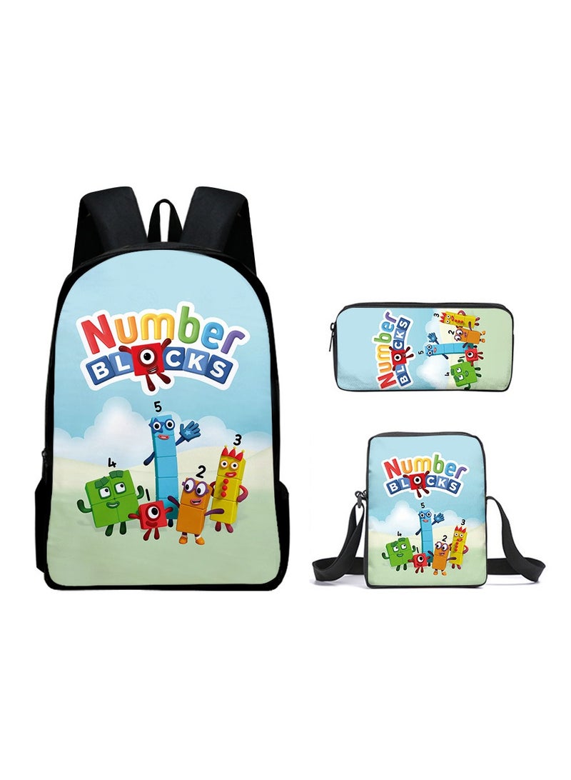 حقيبة ظهر للأطفال من Numberblocks حقيبة مدرسية للمراهقين وحقيبة كتب مدرسية مع صندوق غداء وحافظة أقلام 3 في 1