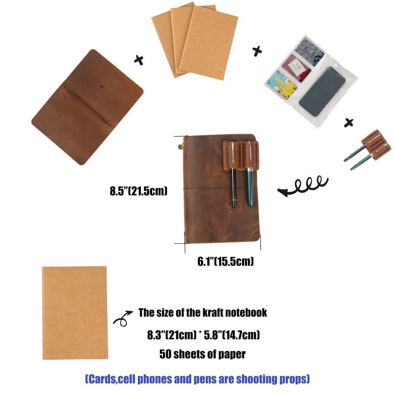 D&M leather studio Leather A5 Travelers Notebook Cover with Inner Pockets and Card Slots and Pen Holder (Inches, A5-8.3 x 5.8) - Image 4