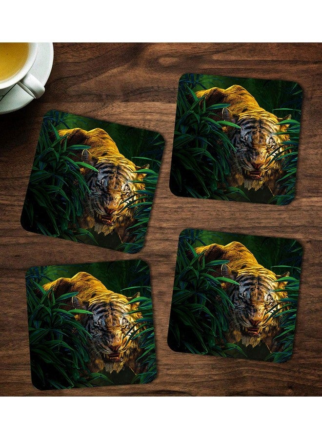 ASHVAH Tiger Print/Typography Tea/Coffee Mug/Designer Handmade Wooden Coaster Set for Home Kitchen, Office Desk - Set of 4 - Square: 10cm - Image 1