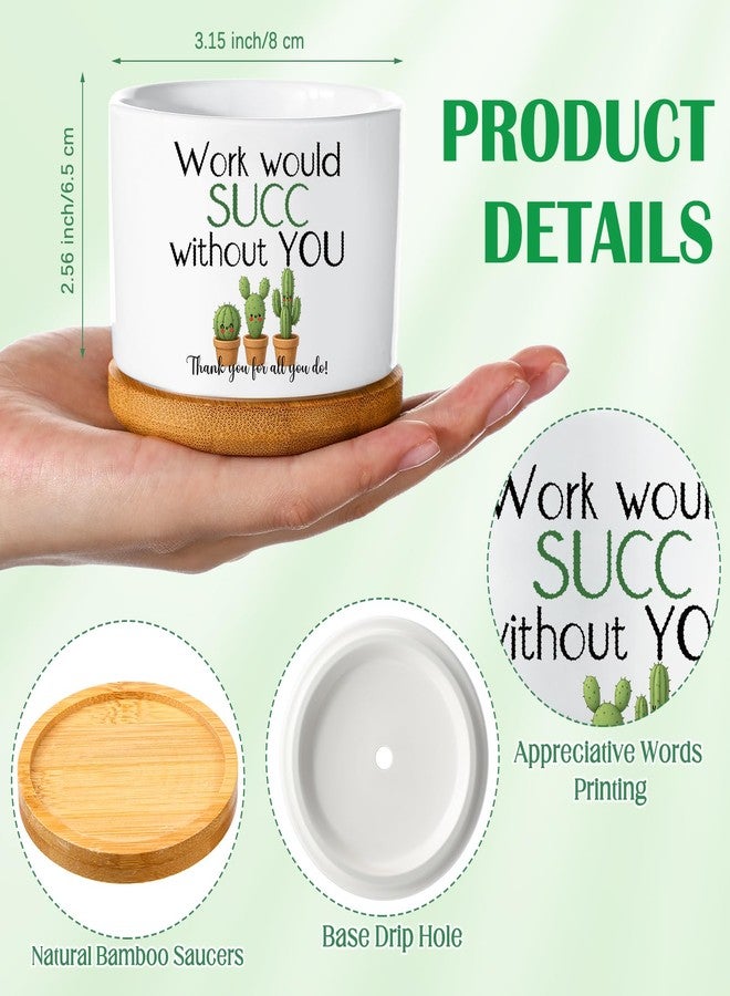 بوتشن مجموعة بوتشن من 6 قطع من أواني نباتات عصارية صغيرة من السيراميك مقاس 3.2 بوصة، هدايا تقدير للموظفين، صينية من الخيزران، ديكور مكتبي "لن ينجح العمل بدونك" لهدايا عيد الميلاد لزملاء العمل (النباتات غير متضمنة). - Image 2
