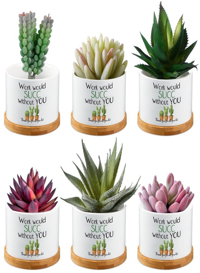 بوتشن مجموعة بوتشن من 6 قطع من أواني نباتات عصارية صغيرة من السيراميك مقاس 3.2 بوصة، هدايا تقدير للموظفين، صينية من الخيزران، ديكور مكتبي "لن ينجح العمل بدونك" لهدايا عيد الميلاد لزملاء العمل (النباتات غير متضمنة). - Image 1