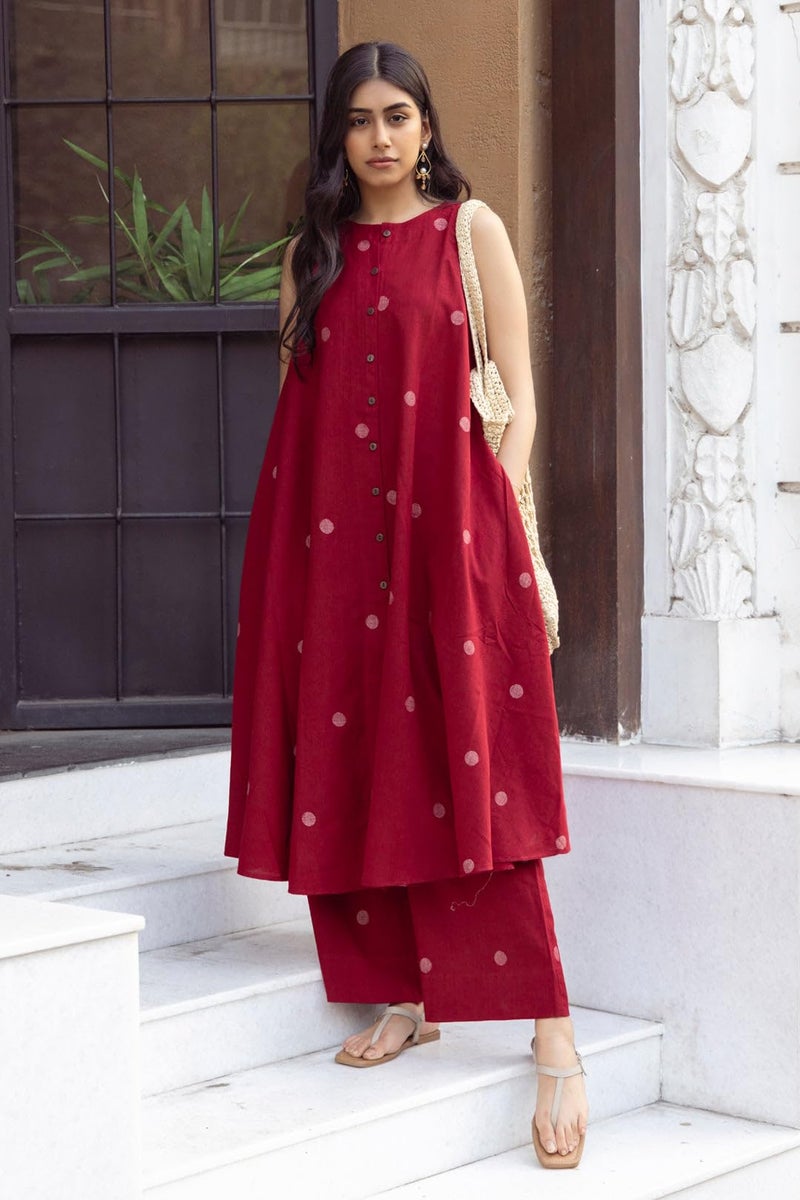 GoSriKi قميص كورتا مستقيم مطبوع من مزيج الرايون للسيدات من GoSriKi مع بالازو (DEEKSHA RED-GS_L_Red_Large) - Image 3