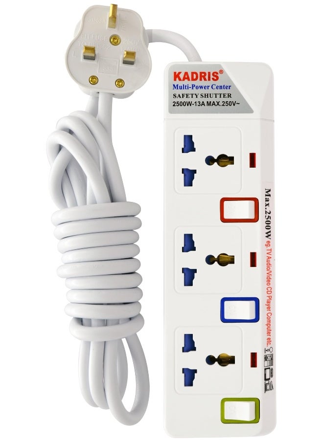 KADRIS Power Strips 913 Heavy Duty Extension Cord with 3 way Outlets with individual switch, Charging Socket with 3 meter Heat resistant  Extension Cord (White)  - Image 3