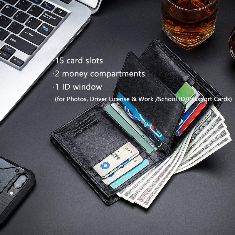 BULLCAPTAIN RFID Blocking Bifold Wallet For Men Genuine Leather Extra Capacity Travel Wallet with 2 Cash Compartments QB027 (Coffee) - Image 4
