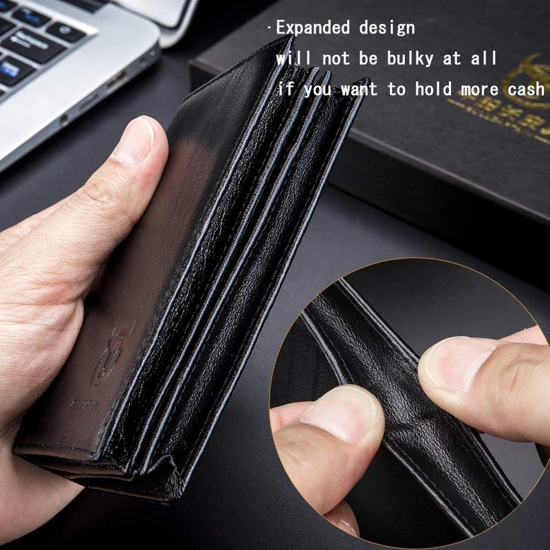 BULLCAPTAIN RFID Blocking Bifold Wallet For Men Genuine Leather Extra Capacity Travel Wallet with 2 Cash Compartments QB027 (Coffee) - Image 5