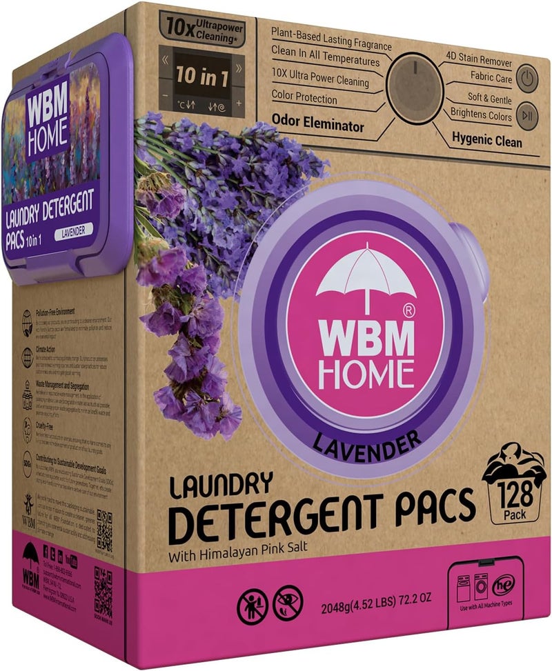 WBM 10in1 Laundry Detergent Pods Fabric Softener with Lavender Extracts HighEfficiency Laundry Pods with Powerful Stain Lifter Technology  128 Count Bag - Image 1
