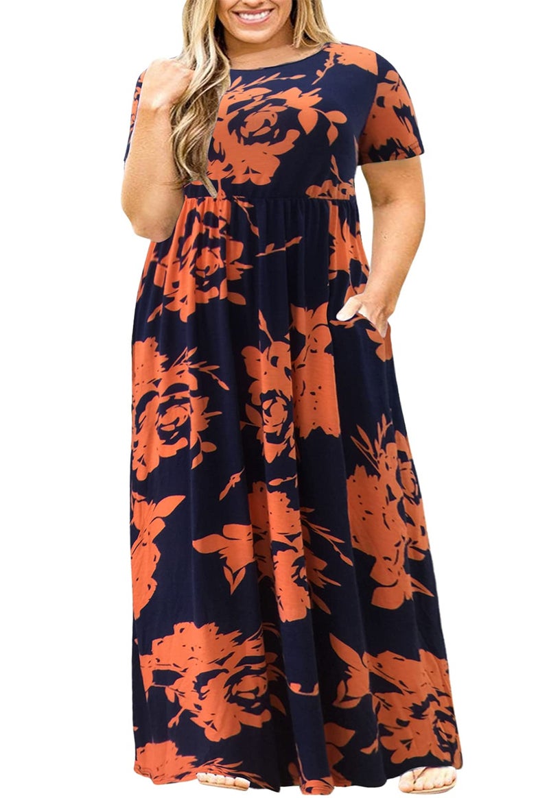 Nemidor Plus Size Maxi Dresses for Curvy Women Summer Casual Loose Short Sleeve Long Beach Dress with Pocket14920Orange Print