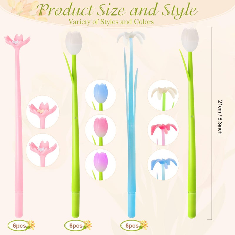 Tenare 18 Pieces Color Changing Flower Pens Colorful Gel Ink Ballpoint Rose Pens for School Home Office Presents(Cherry Blossom Tulip Calla Lily Style) - Image 2