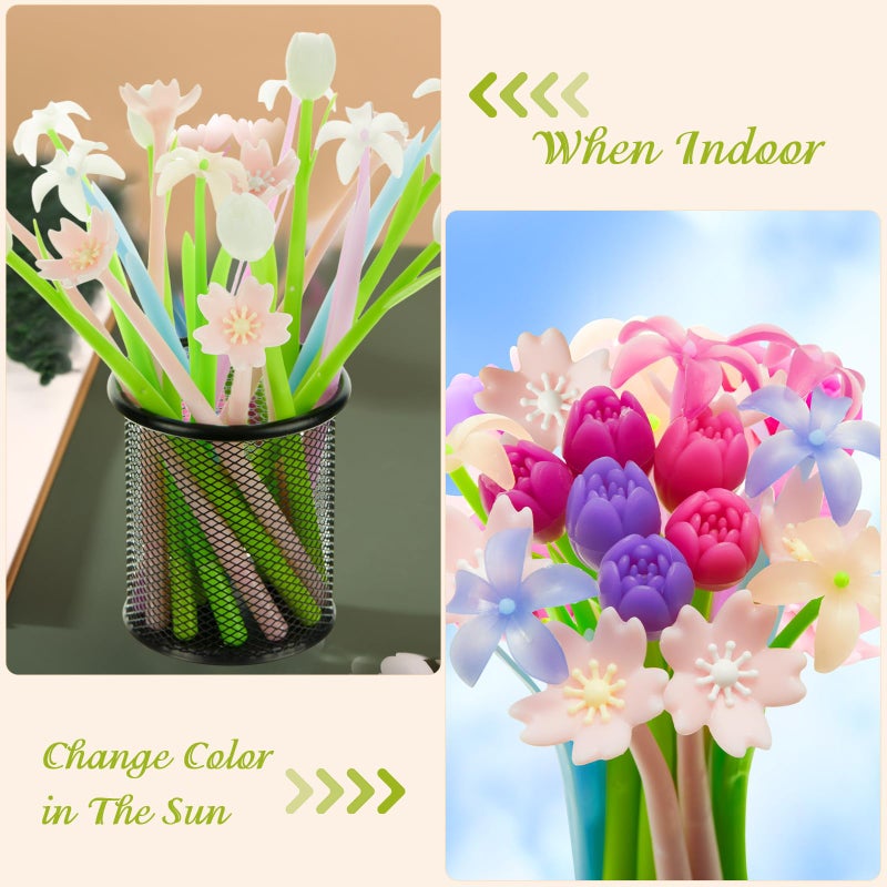 Tenare 18 Pieces Color Changing Flower Pens Colorful Gel Ink Ballpoint Rose Pens for School Home Office Presents(Cherry Blossom Tulip Calla Lily Style) - Image 5