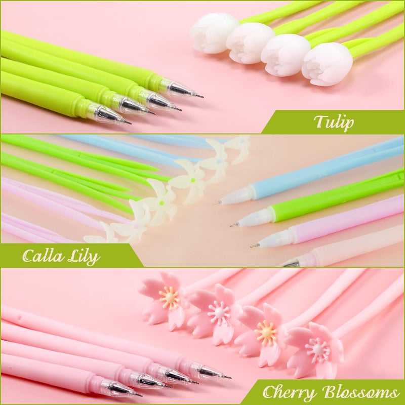 Tenare 18 Pieces Color Changing Flower Pens Colorful Gel Ink Ballpoint Rose Pens for School Home Office Presents(Cherry Blossom Tulip Calla Lily Style) - Image 3