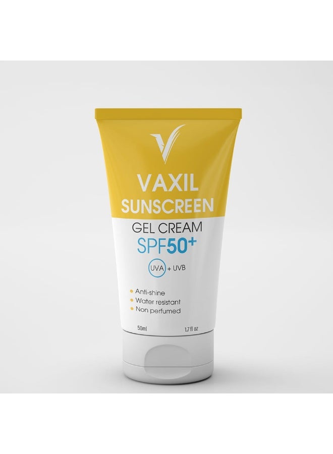 فاكسيل جل كريم واقي شمس SPF50+ حماية من أشعة UVA + UVB، مضاد للمعان، مقاوم للماء، بدون عطر، بحجم 50 مل.