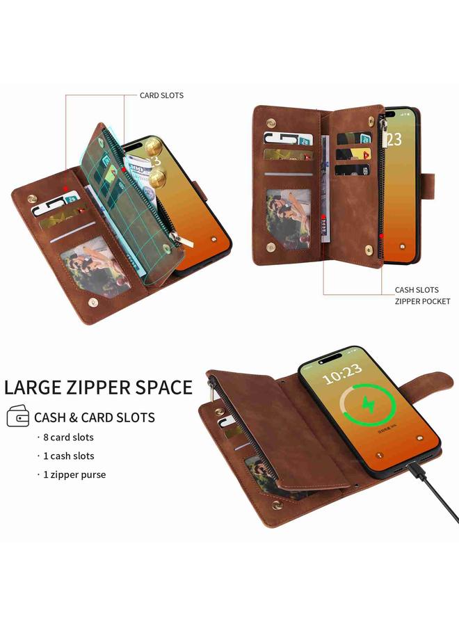 اس-توب جراب هاتف iPhone 15 Pro Max Crossbody مع محفظة متعددة الفتحات للبطاقات وسحاب من الجلد - Image 2