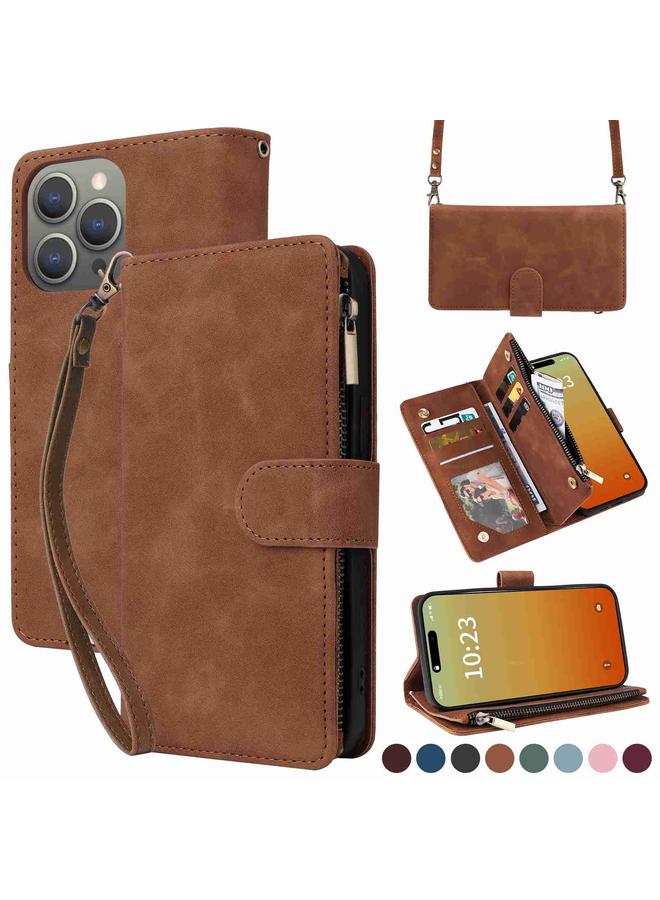 اس-توب جراب هاتف iPhone 15 Pro Max Crossbody مع محفظة متعددة الفتحات للبطاقات وسحاب من الجلد - Image 1