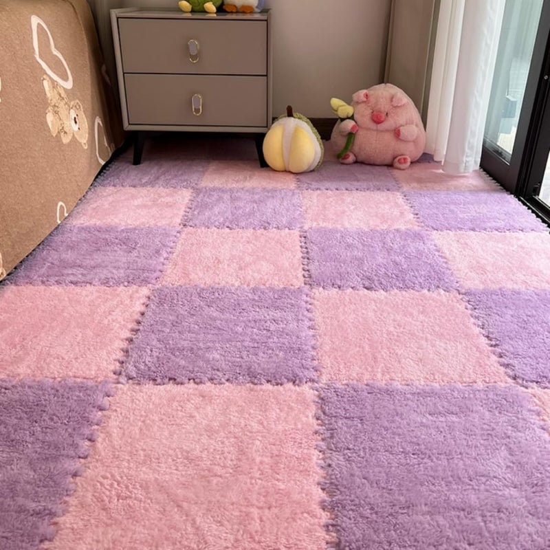 YISLEND 12Pcs Interlocking Carpet Tiles,12"x 12" Plush Interlocking Foam Carpet Tiles with Border,Fluffy Play Mat Floor Tiles Thick Padded Squares Foam Tiles for Playroom Decor (Pink+Purple) - Image 1