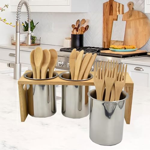 WSKC Flatware Caddy Stainless Steel Cutlery Holder with Wood Base - Image 4
