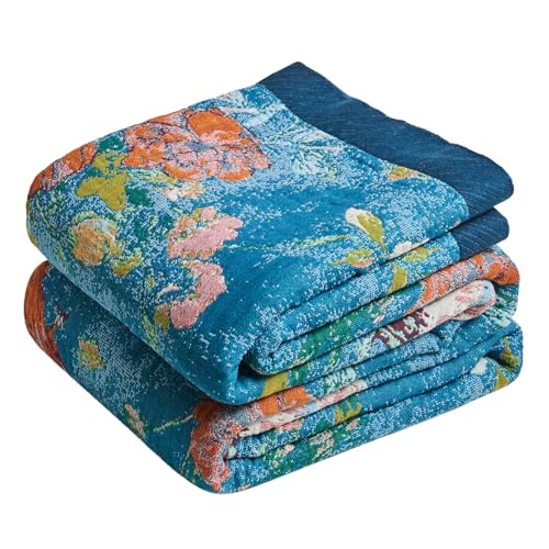 LUTBM Boho Throw Blanket for Couch Sofa Chair Cotton Summer Blankets for Bedroom Living Room All Season Lightweight Reversible Floral Birds Embroidery Throws 50"x60" - Image 1