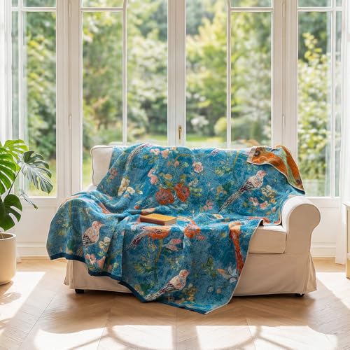LUTBM Boho Throw Blanket for Couch Sofa Chair Cotton Summer Blankets for Bedroom Living Room All Season Lightweight Reversible Floral Birds Embroidery Throws 50"x60" - Image 5