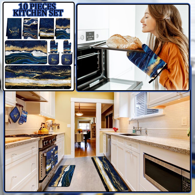 Fourluoo 10 Pcs Kitchen Dish Towels Rugs Oven Mitts and Pot Holders Kit Farmhouse Kitchen Decor Set Gloves Vintage Potholders for Baking Cooking Chef(Blue,Modern) - Image 2