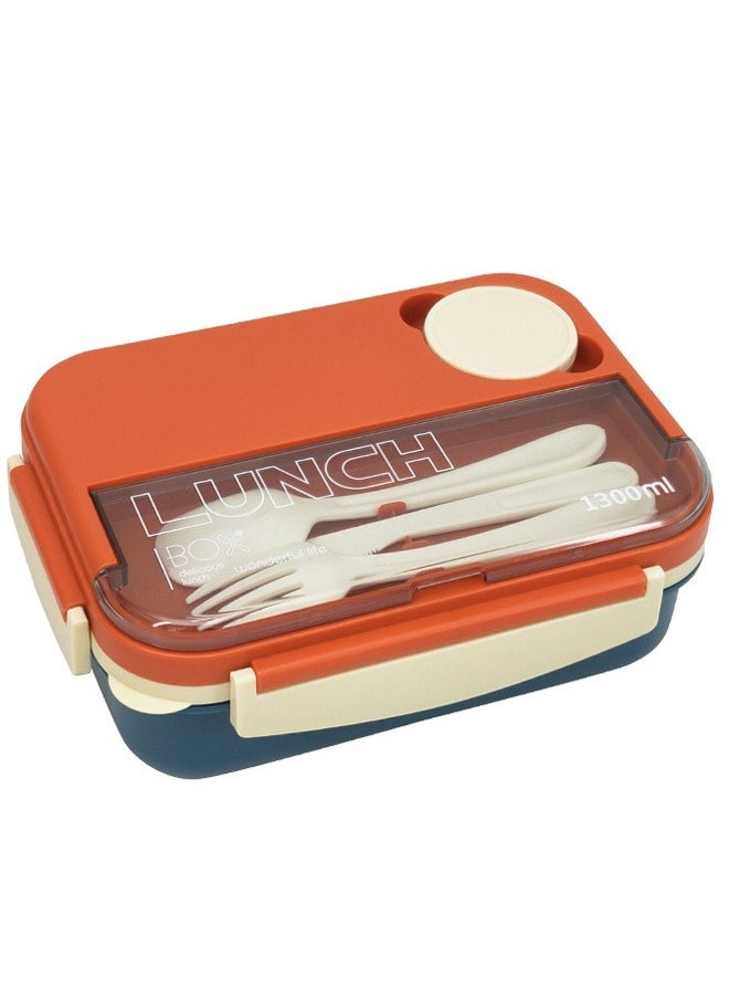 HOMESTAR Plastic PP 4-Grids Lunch Box with Cutlery All-in-one Bento Box 1300ML Food Container for Adults Students Orange/Blue  - Image 1
