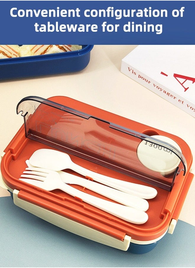 HOMESTAR Plastic PP 4-Grids Lunch Box with Cutlery All-in-one Bento Box 1300ML Food Container for Adults Students Orange/Blue  - Image 2