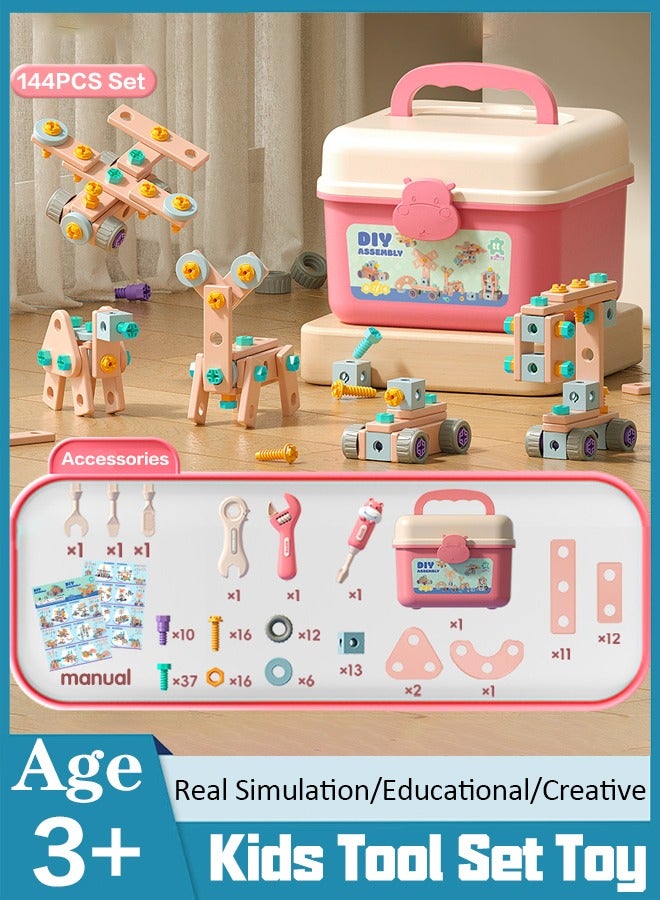 144PCS Kids Tool Set with Storage Box, Creative Engineering Building Kit,Toddler Tool Kit Construction Toy with Assembly Pieces,Montessori Stem Learning Educational Toys for 3 4 5 Years Old Boys Gir - Image 1
