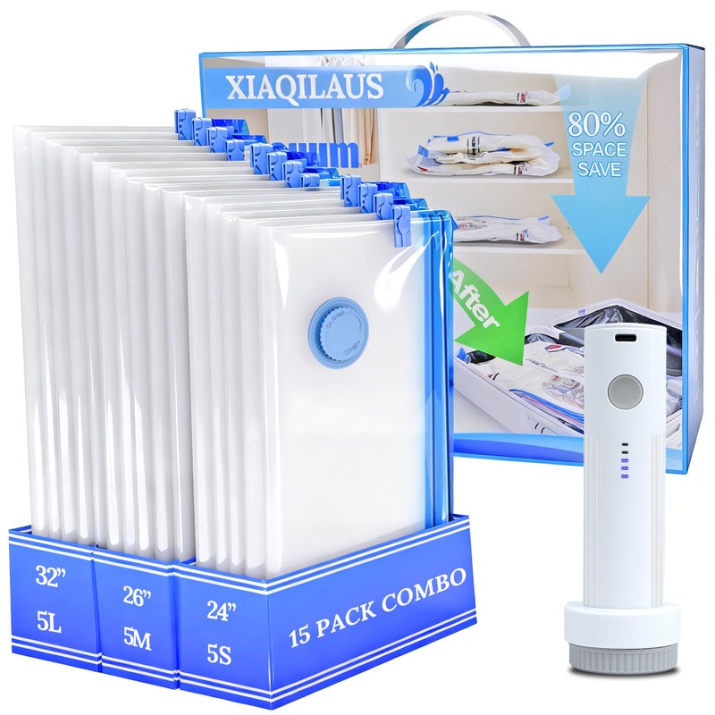 XIAQILAUS Vacuum Sealing Bags for Clothing Travel,Space Saver Vacuum Storage Bags with Wireless Air Pump (15 Combo Bags+Electric Pump) - Image 1