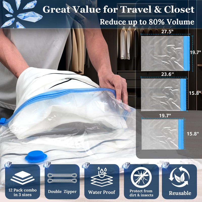 XIAQILAUS Vacuum Sealing Bags for Clothing Travel,Space Saver Vacuum Storage Bags with Wireless Air Pump (15 Combo Bags+Electric Pump) - Image 3