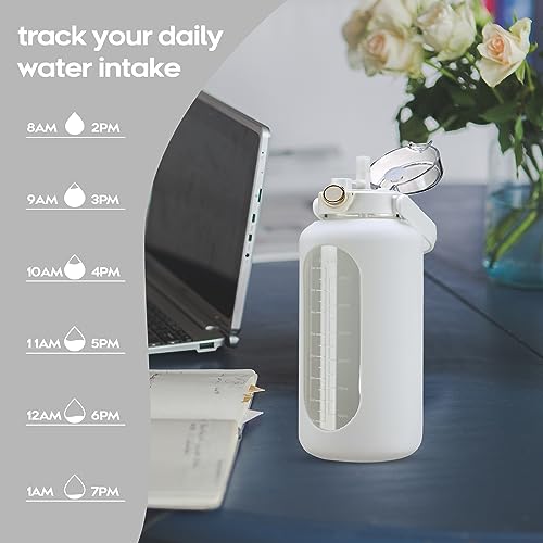 chunmo 74 oz Glass Water Bolttles with Straw Large Motivational Water Bottle with Time Marker Sports Water Bottles with Silicone Sleeve and Handle Lid 2.2L Water Jug for Gym Workout - Image 5