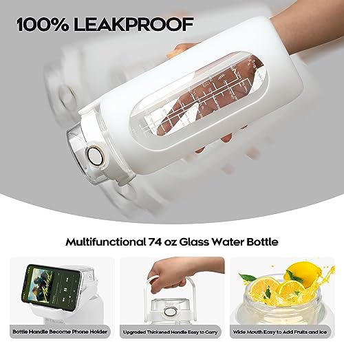 chunmo 74 oz Glass Water Bolttles with Straw Large Motivational Water Bottle with Time Marker Sports Water Bottles with Silicone Sleeve and Handle Lid 2.2L Water Jug for Gym Workout - Image 3
