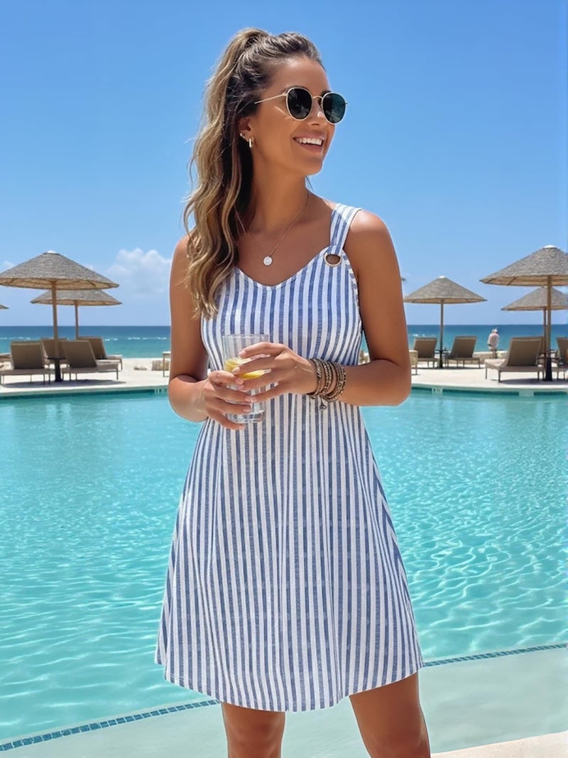 Disamer Summer Dresses for Women 2026 Sundresses Sleeveless Beach Swimsuit Cover Ups Spring Casual Tank Tshirt Sun Dress,Striped Navy,Large - Image 2