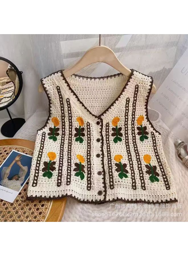 Vintage Crochet Hollow Outerwear Knitted Cardigan For Women New Loose Versatile V-neck Short Top For Summer