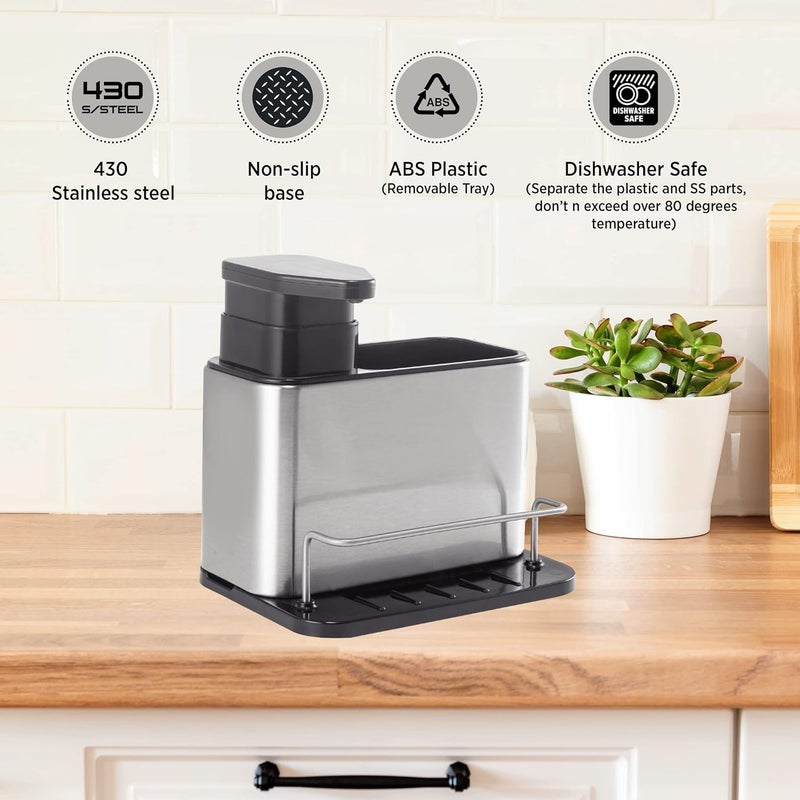 HOMENITY هومينيتي® - حامل حوض المطبخ مع موزع سائل الصابون - 340 مل - خفيف الوزن وقوي - قاعدة غير قابلة للانزلاق - نظام تصريف مياه بسيط - منظم مطبخ أنيق للتنظيف - Image 3